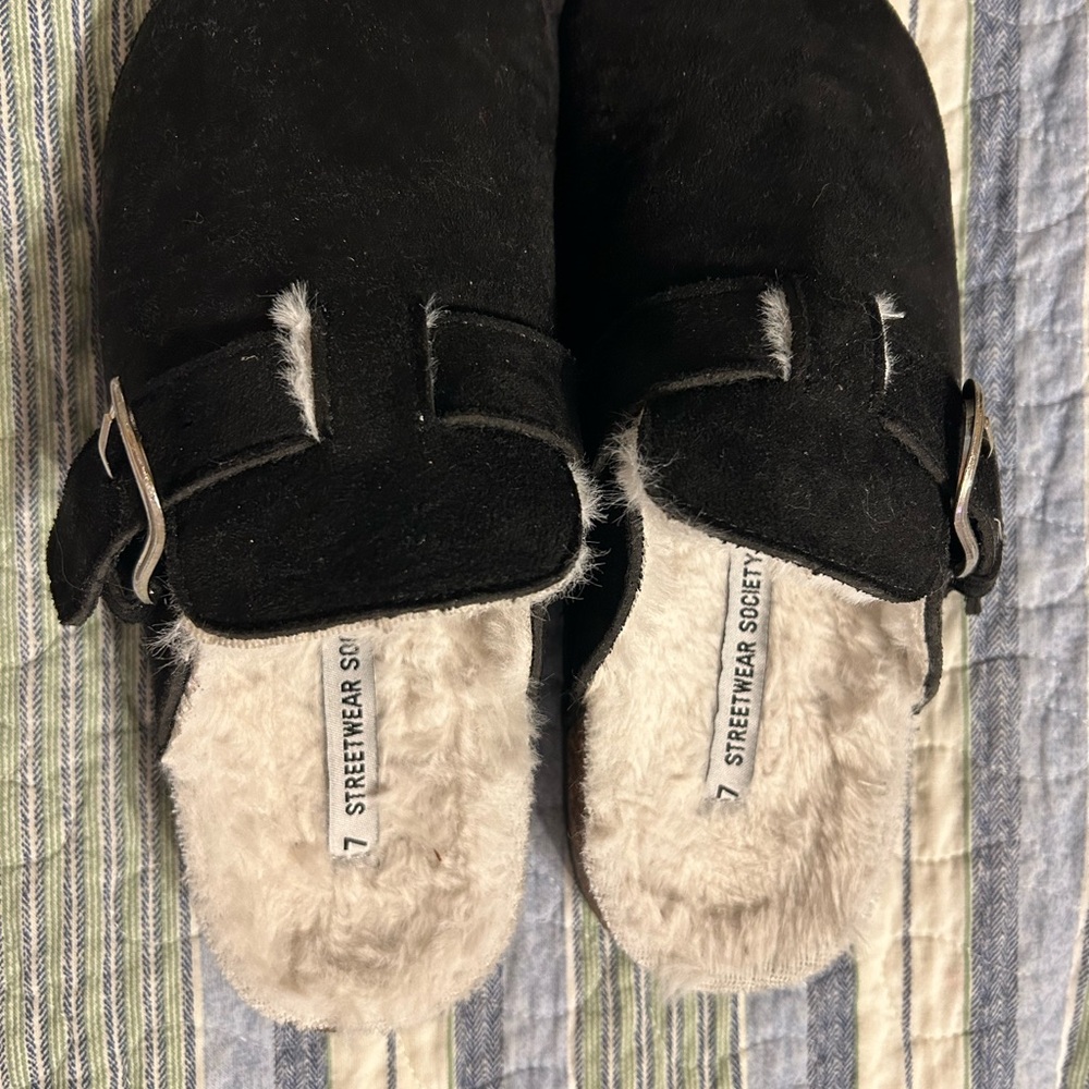 Streetwear Society Black Suede Clogs with Fur Lining
